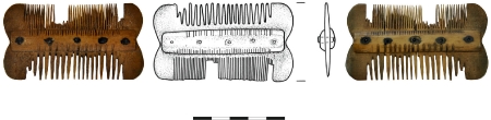 Grzebień dwustronny, trzywarstwowy, z bokami w kształcie litery B, z profilowanymi okładzinami. Zachowany w całości, brak tylko pojedynczych zębów. Płytki zębate przymocowane są za pomocą pięciu nitów, niezdobiony. XIII–XIV wiek (opr. S. Słowiński)